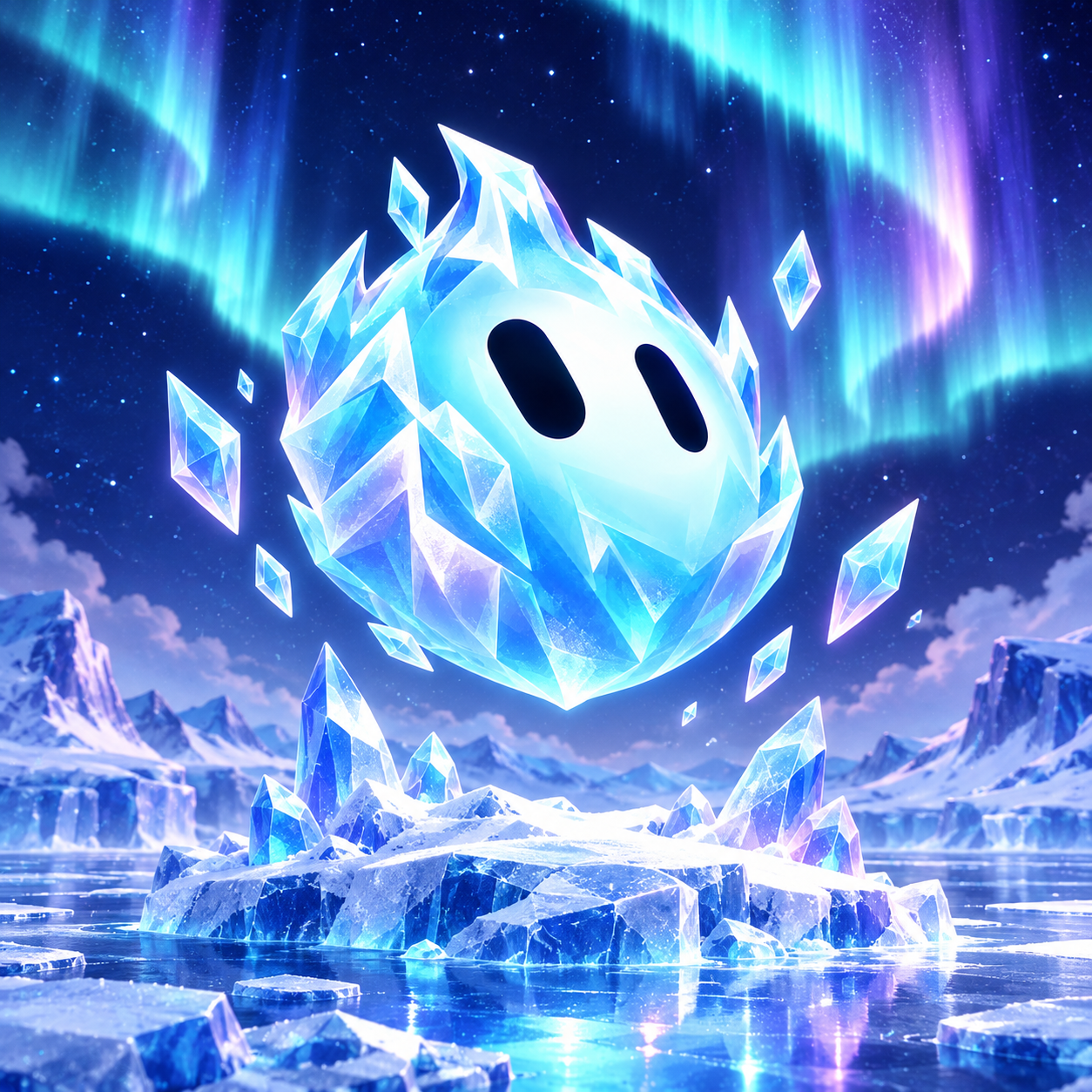ColdBot floating over an icy island beneath a cyan and lavender aurora