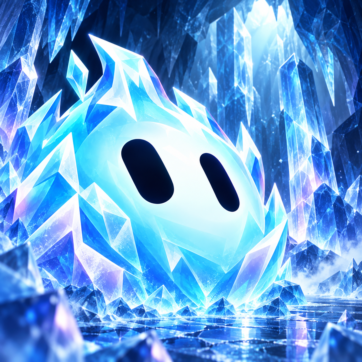ColdBot emerging from an illuminated blue crystal cavern